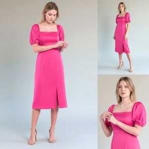 SACHIN & BABI Satin Midi Dress Short Puff Sleeve Square Neck Slit Hem Lined Zip